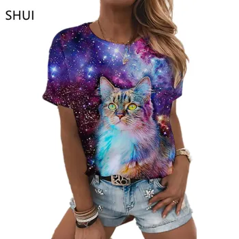 Dievčatá v Lete Nový Štýl Galaxy Priestor 3D Tlač Farieb Hviezdne Nebo Cute Cat Zábavné Ležérne Módne Krátkym rukávom Letné T-shirt Viac  2