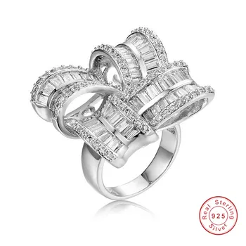 Ručné Veľké S925 Strieborného Luku Koktail Prstene pre Ženy, Luxusné Šperky Pripraviť Námestie T Simulované Diamond Platinum Veľkosť Prsteňa 5-10  10