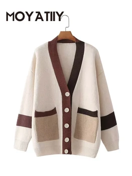 MOYATIIY ženy zimný sveter farby blok nadrozmerné svetre vintage jumper 2022 žena pletené vesty outwear  10