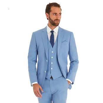 2017 Slim Fit Nové Módne Značky Svadobné Party sky blue Smoking Business Šaty, Obleky ( bunda+Nohavice+vesta+kravatu)  10